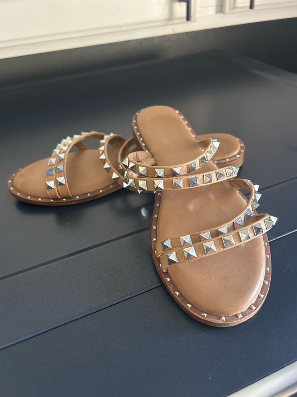 Studded Triple-Strap Tan Leather Slide Sandals - Picture 1 of 5